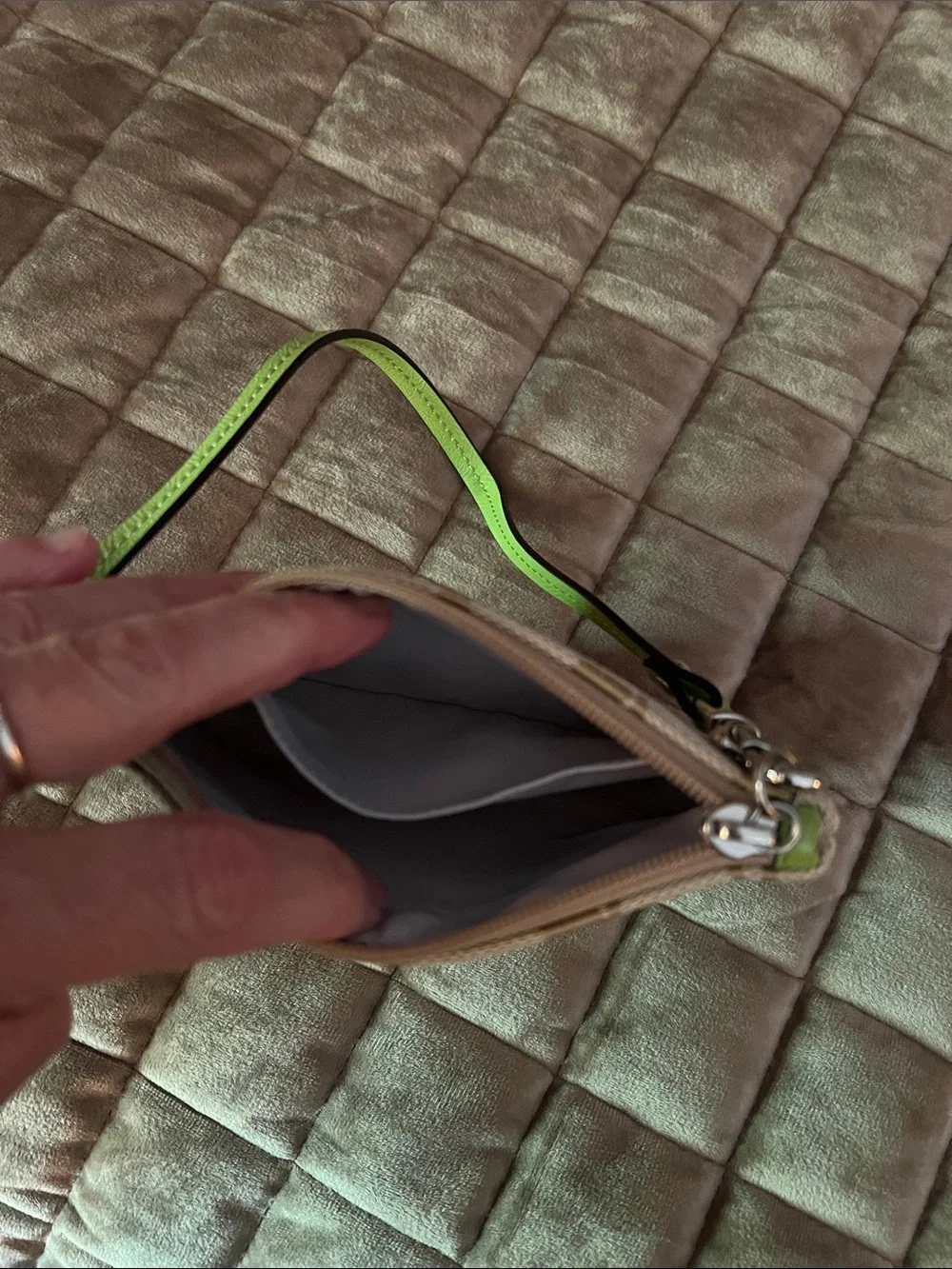 Coach Khaki Jacquard Wristlet with Lime Trim